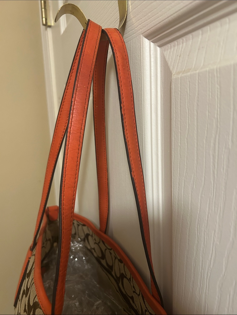 Coach Beige/Brown Signature Tote with Orange Trim - Picture 3 of 13